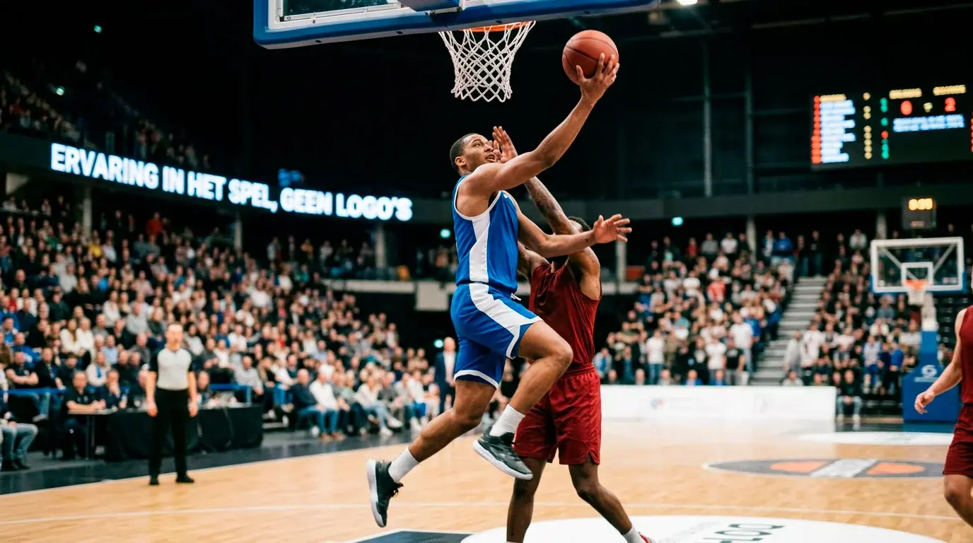 Basketbalspeler maakt een lay-up tijdens een live NBA-wedstrijd terwijl het scorebord zichtbaar is