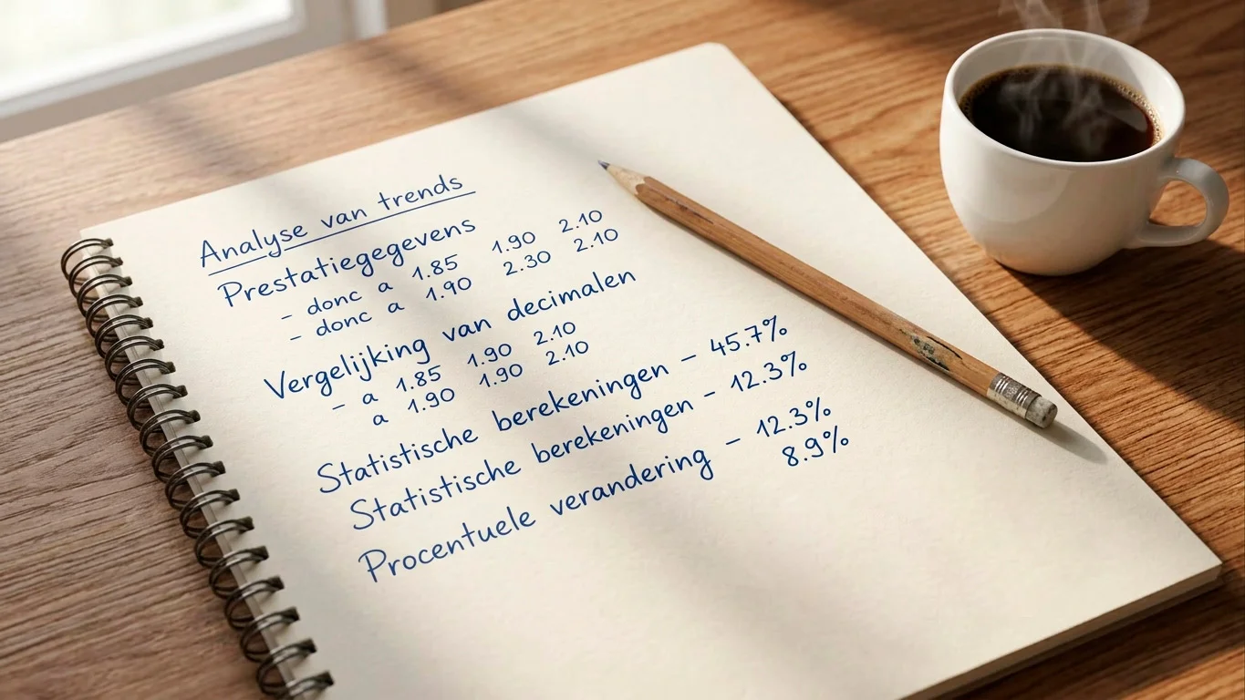 Notitieblok met handgeschreven berekeningen van decimale en Amerikaanse coëfficiënten