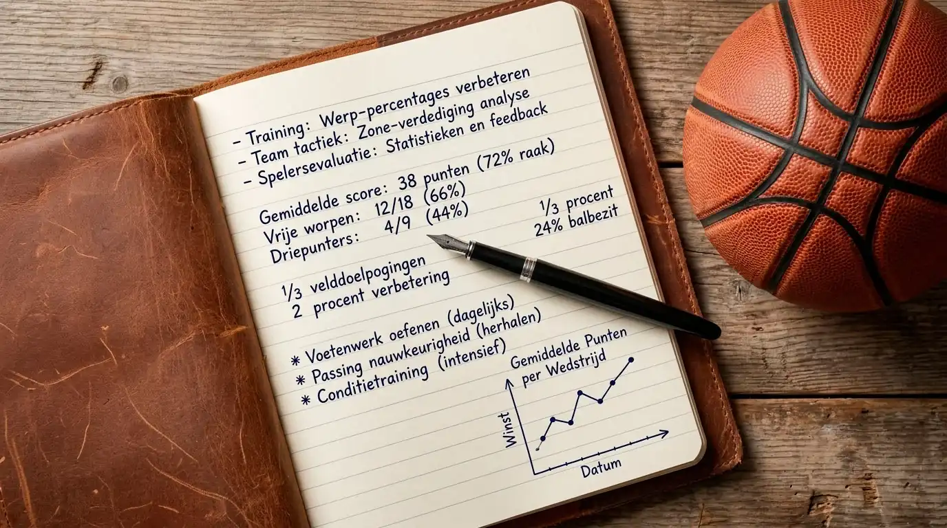 Notitieboek met handgeschreven aantekeningen over bankrollverdeling en wedinzichten naast een basketbal